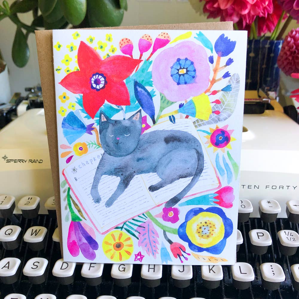 Black Cat Napping on Book Everyday Greeting Card