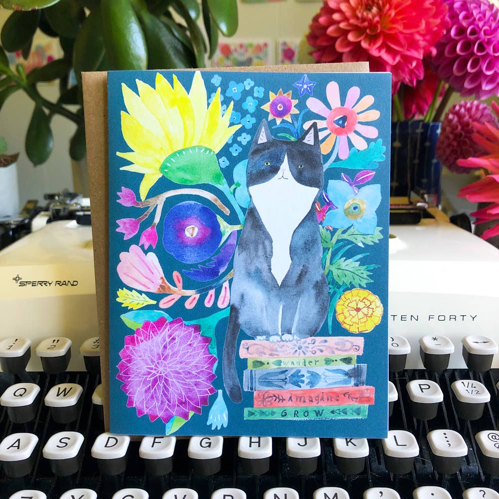 Tuxedo Cat on Books Everyday Greeting Card