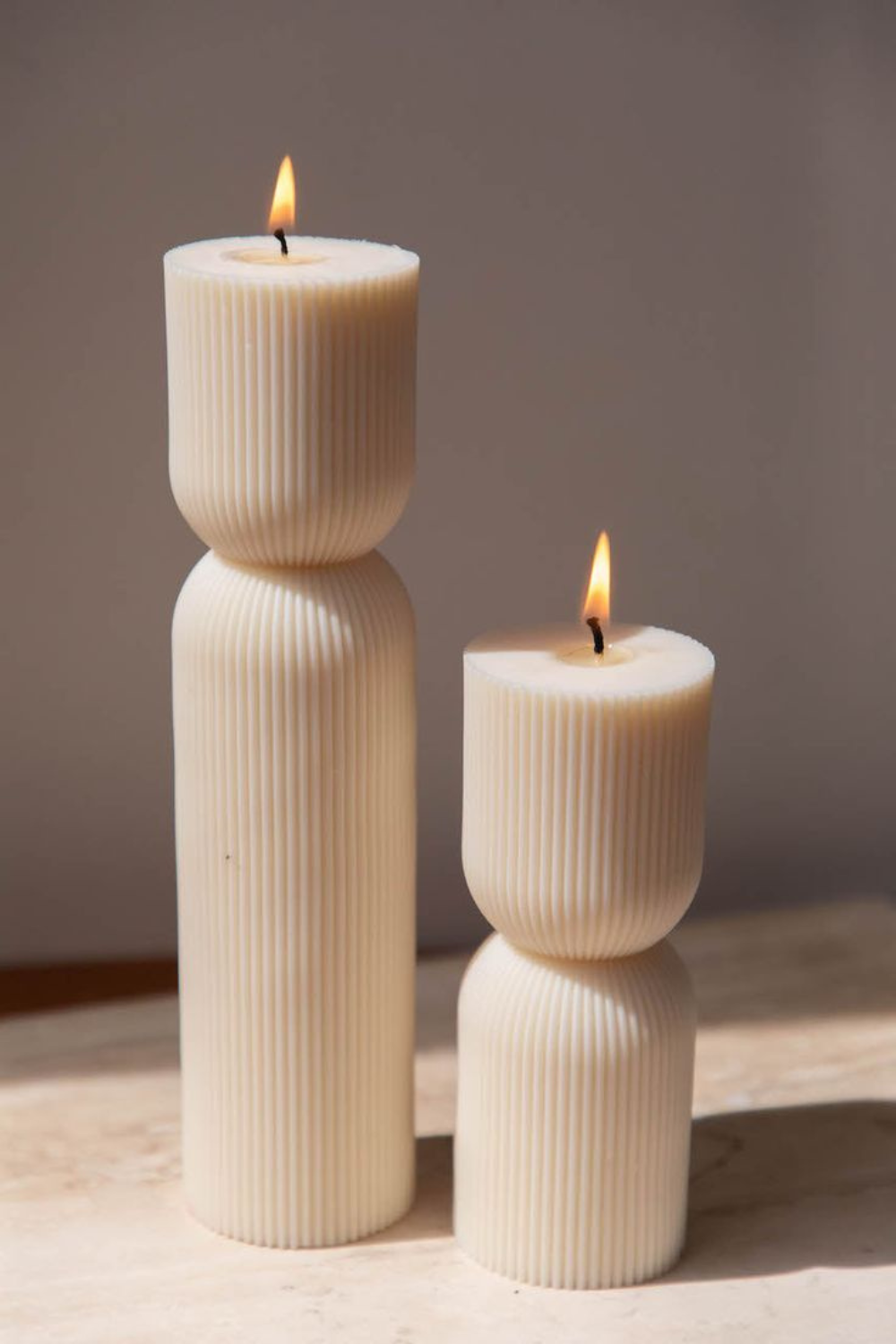 Ribbed Hourglass Pillar Candle: Brown / Large