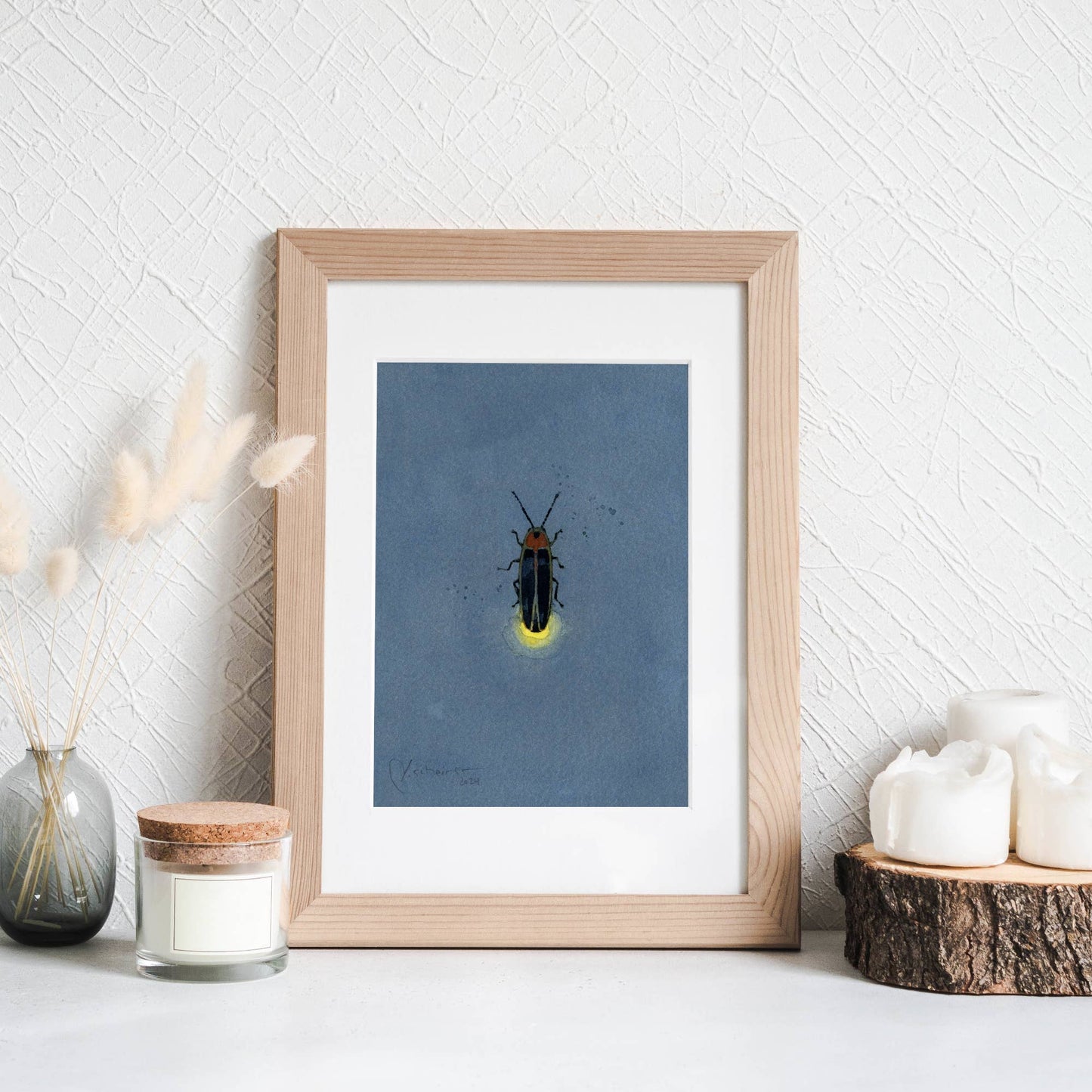 Firefly Art Print Glowing Lightning Bug Watercolor: 3x5 (5x7 mat)