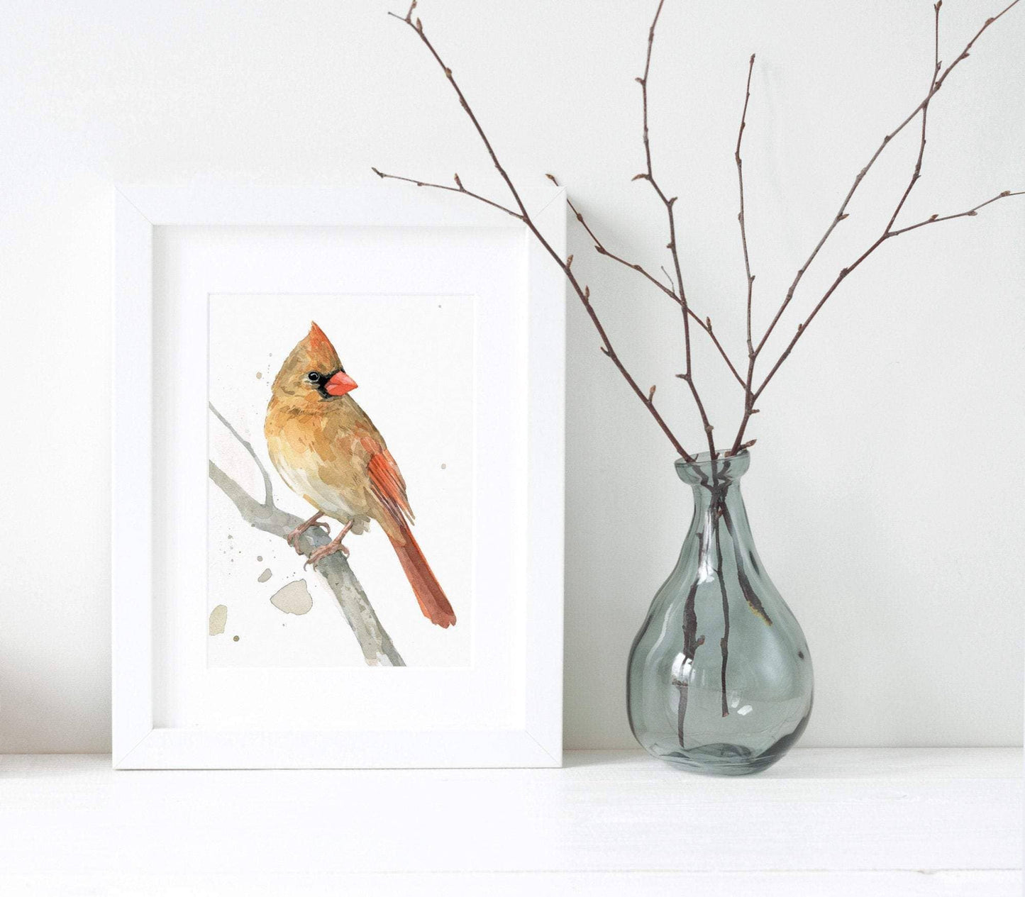 Female Cardinal Branch Watercolor Print, Bird Painting