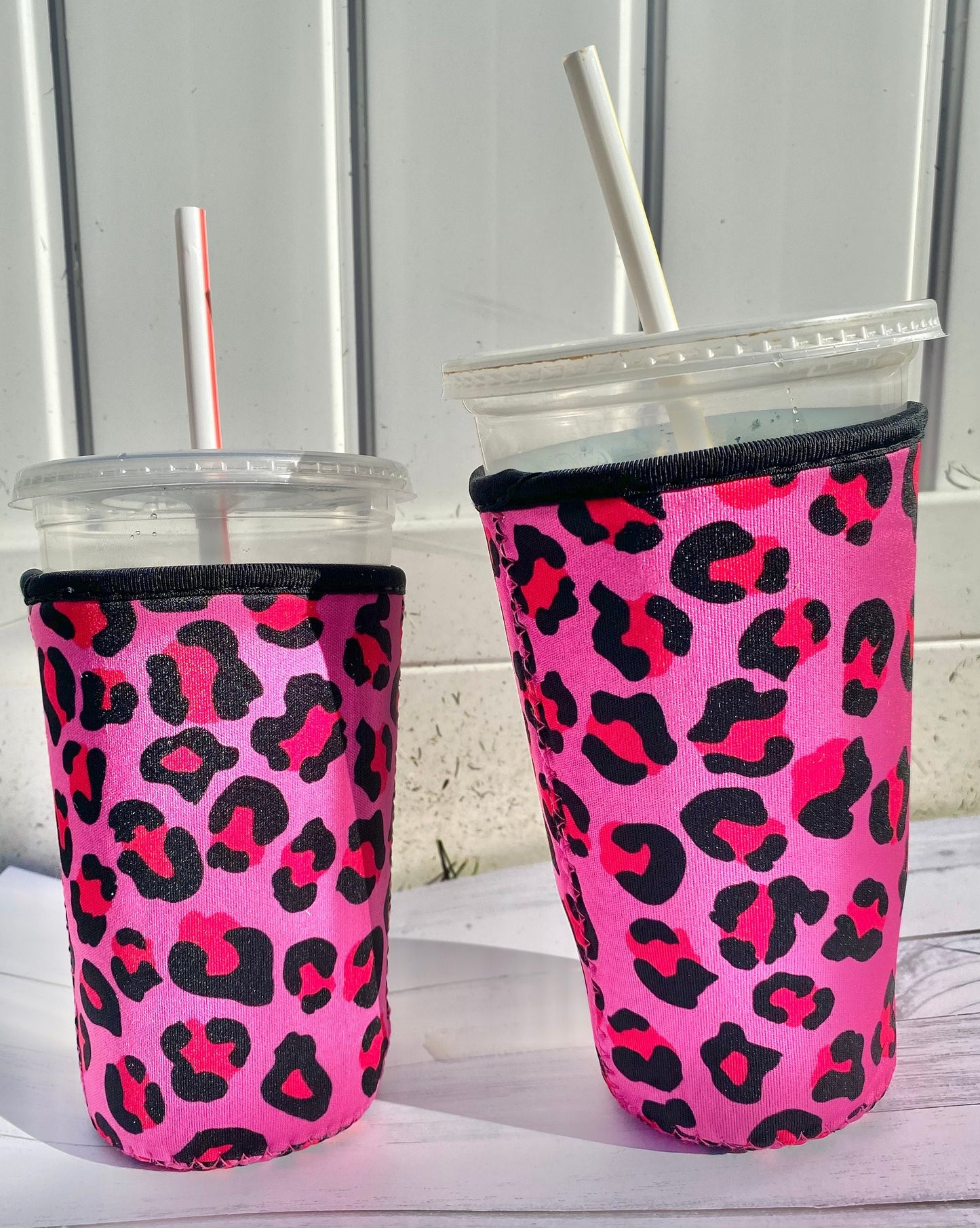 Iced Coffee cup coozie - Reusable, durable sleeve - Pink Leopard Print