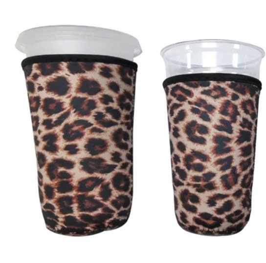 Iced Coffee cup coozie - Reusable, durable sleeve - Leopard Print