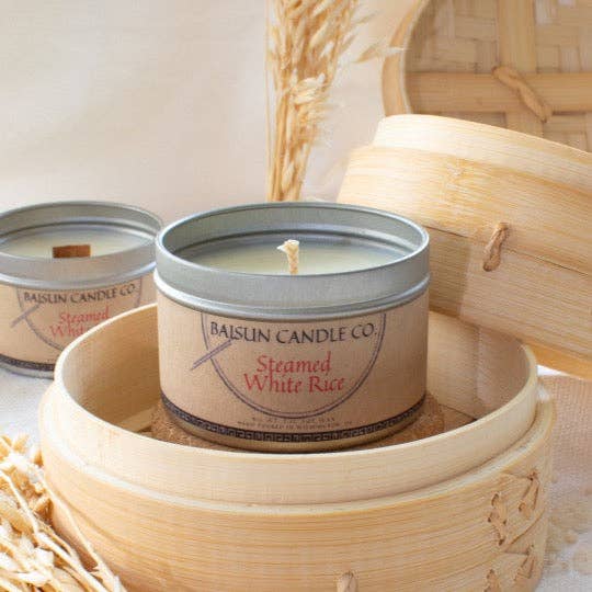 Steamed White Rice- Scented Candle: 7oz. Tin / Crackling Wooden Wick