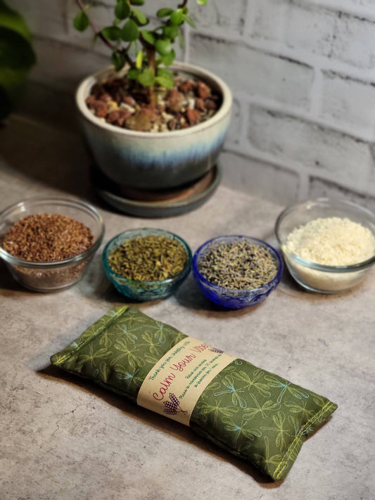 Aromatherapy Hot/Cold Weighted Eye Pillow - Soothing Pattern: Olive Dragonflies / Rice / Unscented