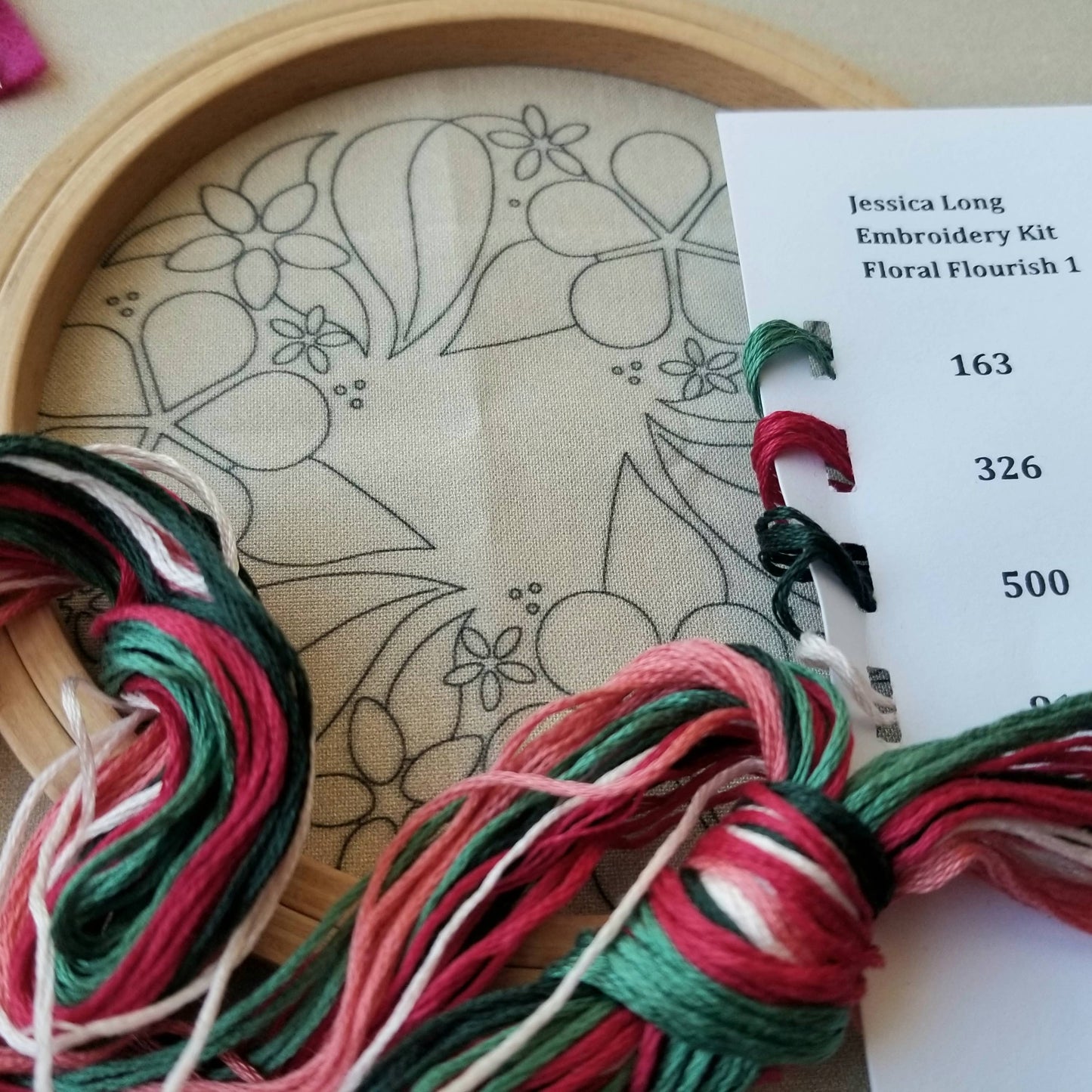 Floral Flourish Beginner Embroidery Kit: Muted green fabric