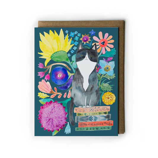 Tuxedo Cat on Books Everyday Greeting Card