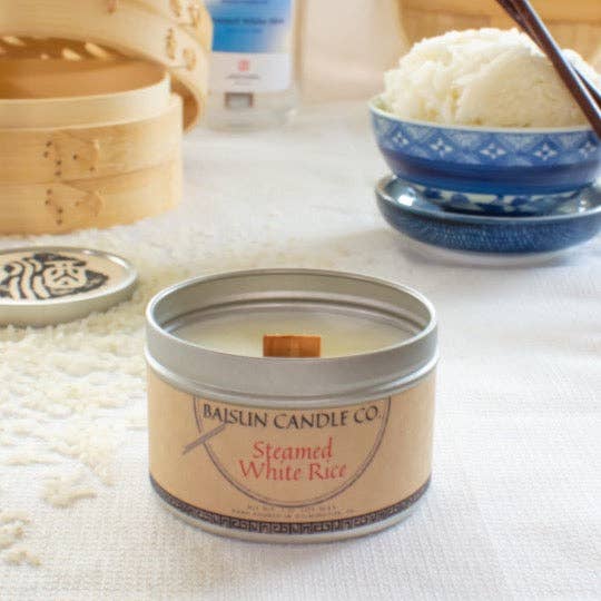 Steamed White Rice- Scented Candle: 7oz. Tin / Crackling Wooden Wick
