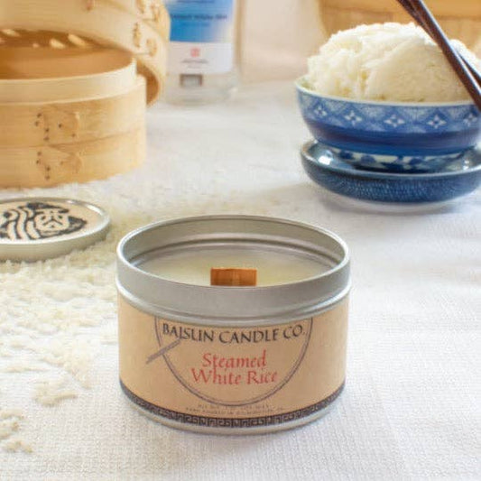Steamed White Rice- Scented Candle: 7oz. Tin / Crackling Wooden Wick