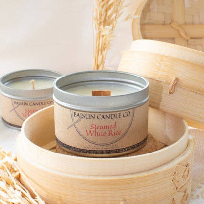 Steamed White Rice- Scented Candle: 7oz. Tin / Crackling Wooden Wick