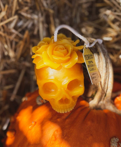 Floral Skull Candle - 100% Beeswax - Handmade