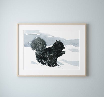 Black Squirrel in Snow Watercolor Print: 5x7 (8x10 mat)