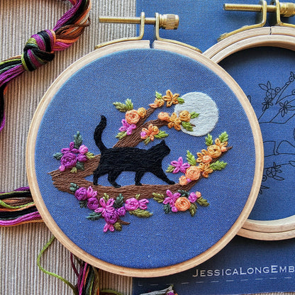 Mini Black Cat & Full Moon Embroidery Kit