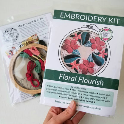 Floral Flourish Beginner Embroidery Kit: Muted green fabric