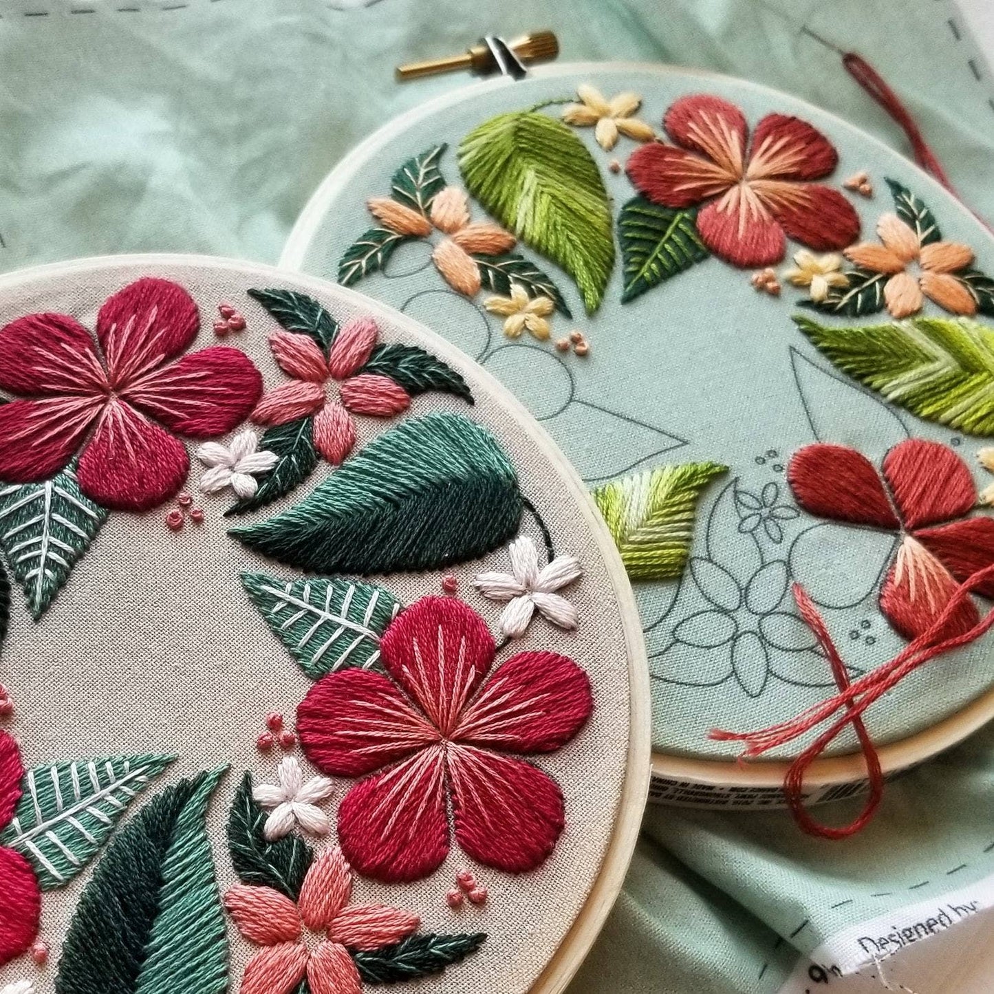 Floral Flourish Beginner Embroidery Kit: Muted green fabric