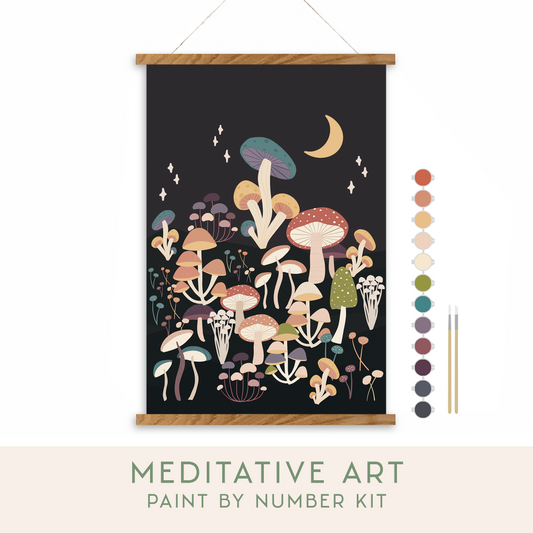 Night Mushrooms Meditative Art Paint by Number Kit: Kit + Magnetic Frame