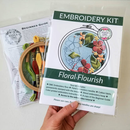 Floral Flourish Beginner Embroidery Kit: Muted green fabric