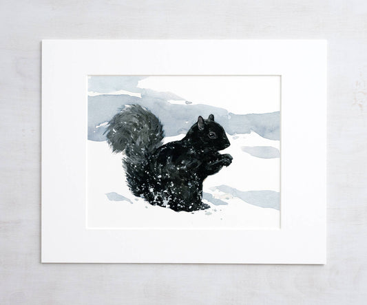 Black Squirrel in Snow Watercolor Print: 5x7 (8x10 mat)