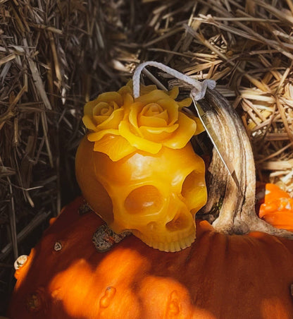 Floral Skull Candle - 100% Beeswax - Handmade