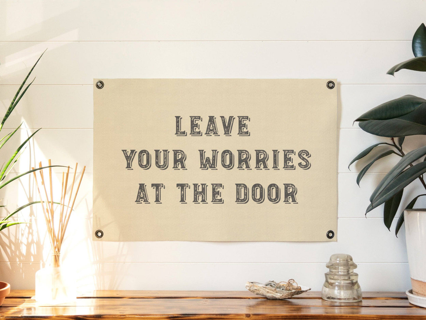 Leave Your Worries at the Door - Handprinted Felt Banner