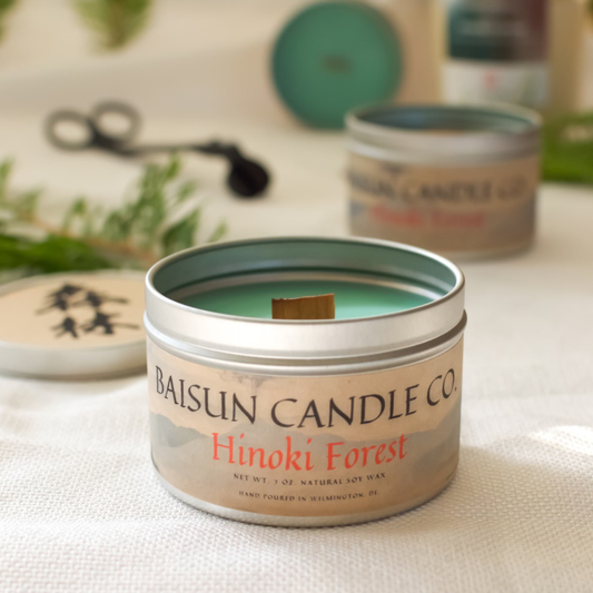 Hinoki Forest- Scented Candle: 7 oz. Tin / Crackling wooden wick