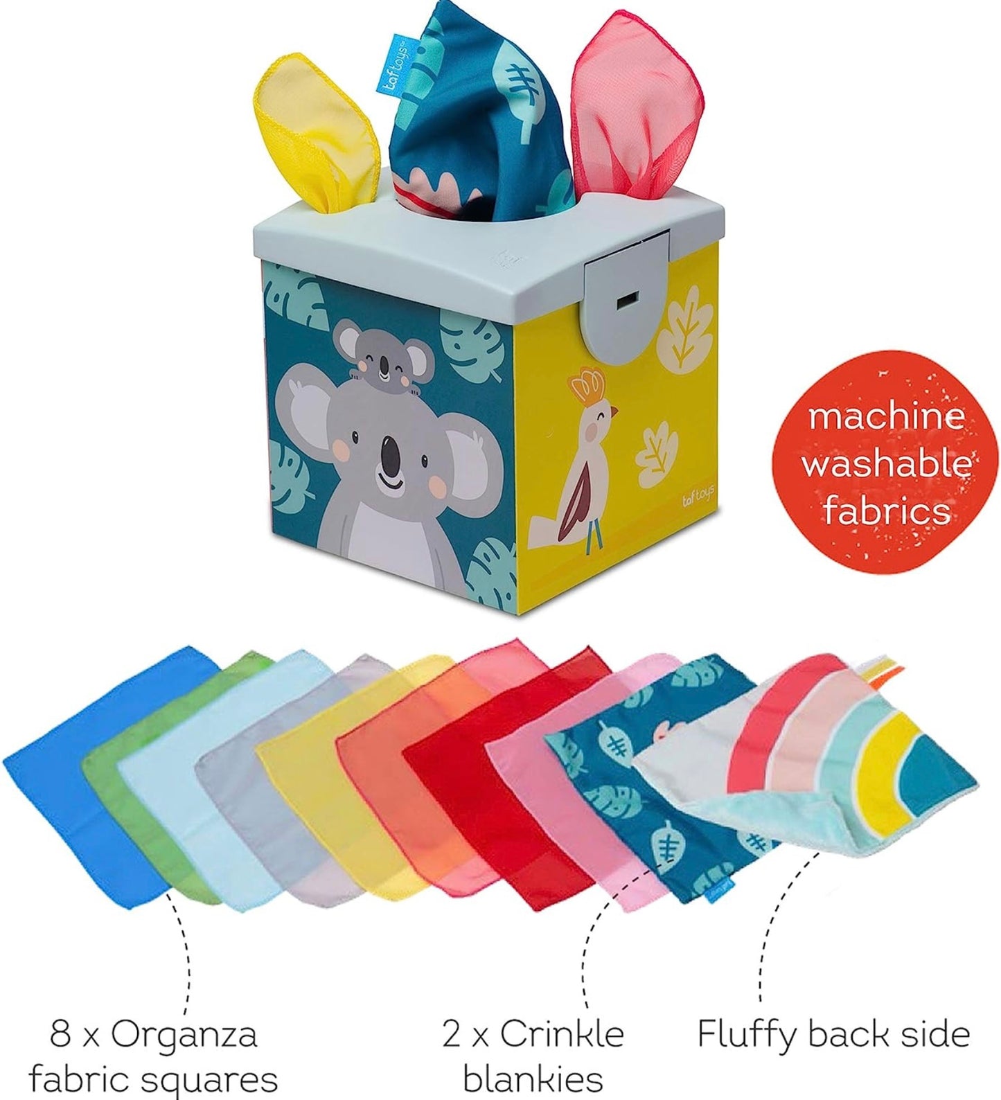 Taf Toys Sensory Crinkle Tissue Box for Toddler STEM and sensorial engagement.