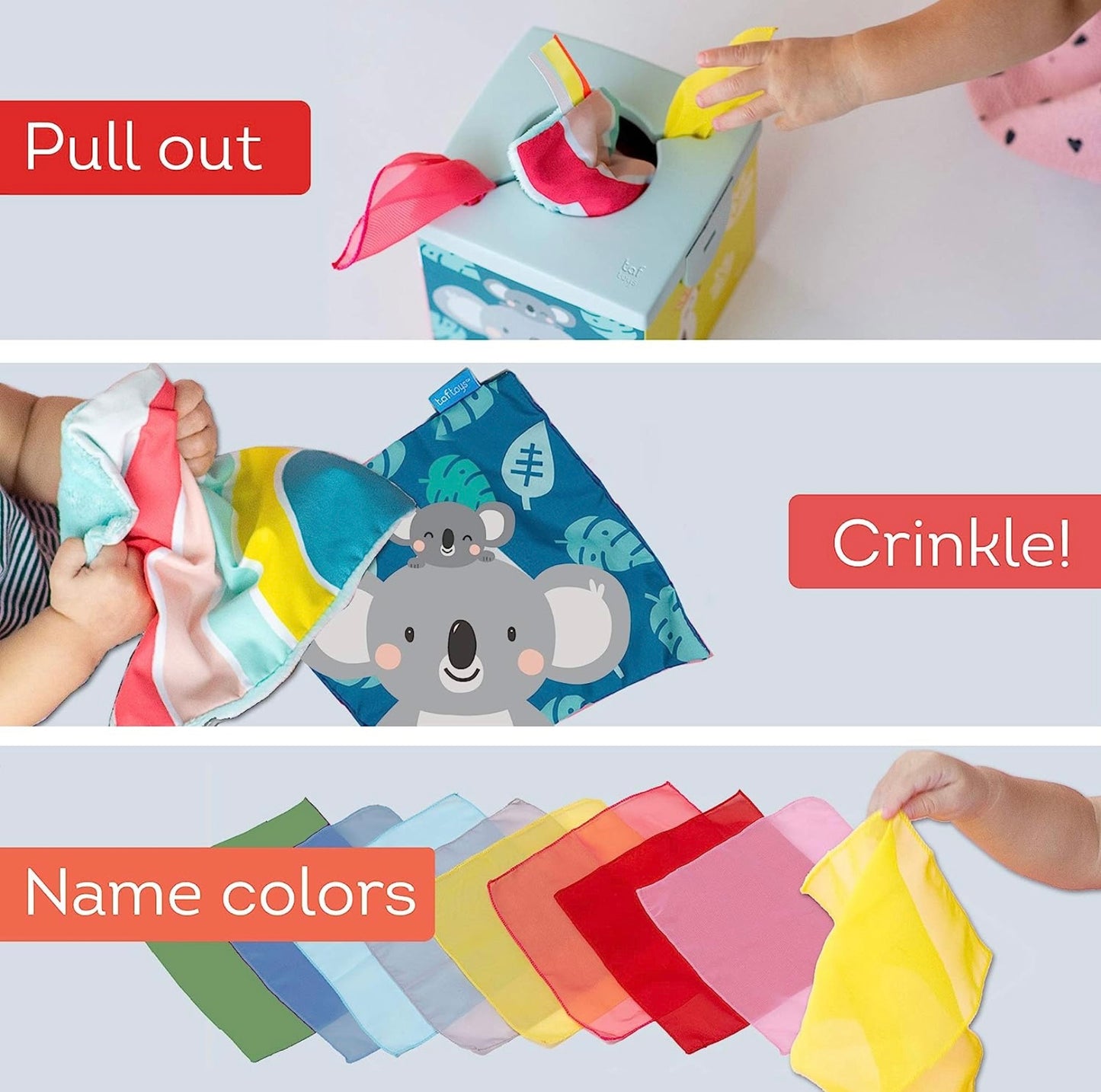 Taf Toys Sensory Crinkle Tissue Box for Toddler STEM and sensorial engagement.