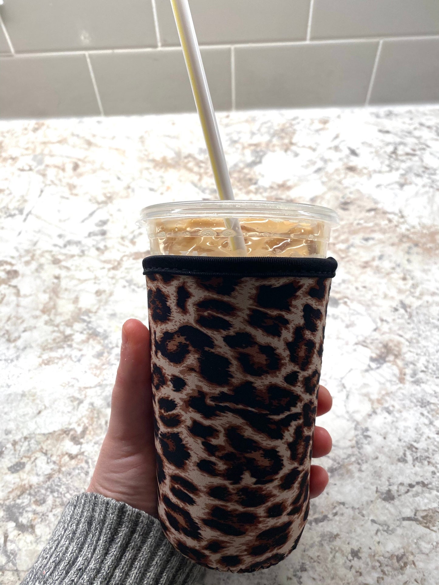 Iced Coffee cup coozie - Reusable, durable sleeve - Leopard Print