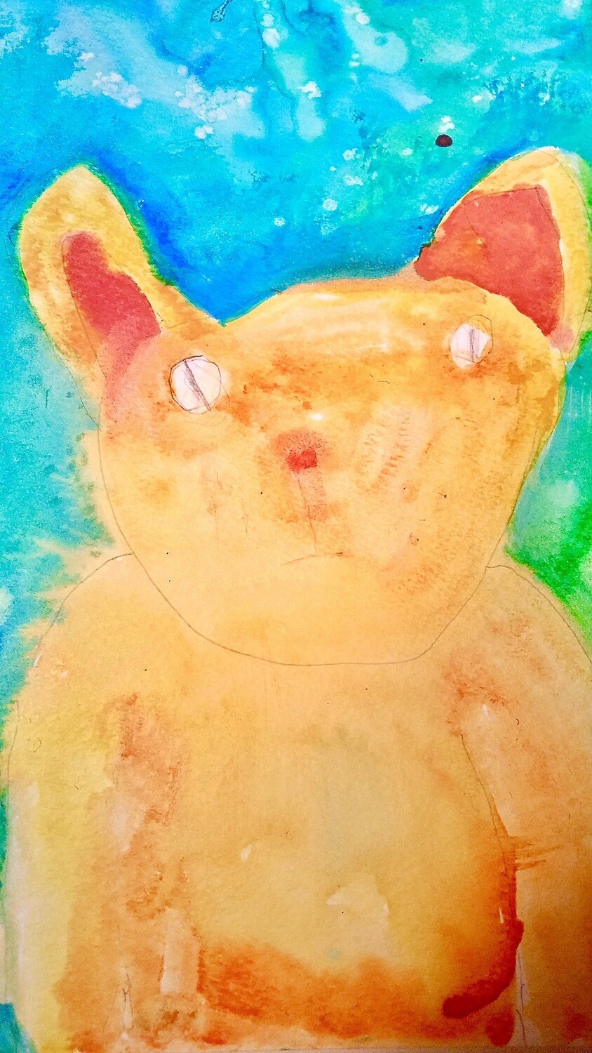 This was her first one! Where it all began. The original was painted on 12/9/2019 while her sister was out of town and she was missing her like crazy. She used a standard watercolor set on professional grade watercolor paper, with pencil and salt resist techniques.