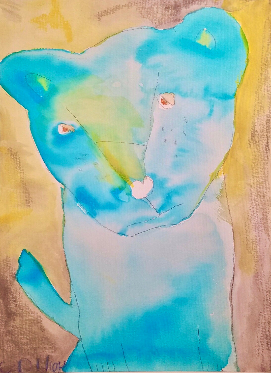 12” x 18” print on high quality paper. This is one of the first she made with eyelids. A blue and green cat on a yellow background. Signed on the front, bottom, left hand corner.