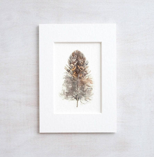 Mini Owl Feather Print, Nature Watercolor Painting: 3x5 (5x7 mat)