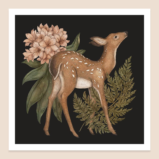 Deer, Fern, Rhododendron Print - 10" x 10"