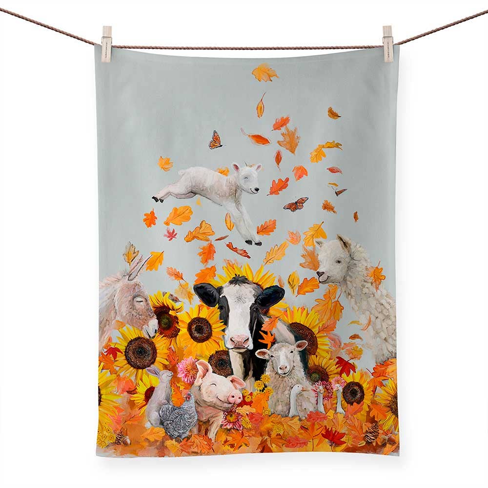 Fall Holiday Linens - Leaf Pile On The Farm by Cathy Walters Tea Towels