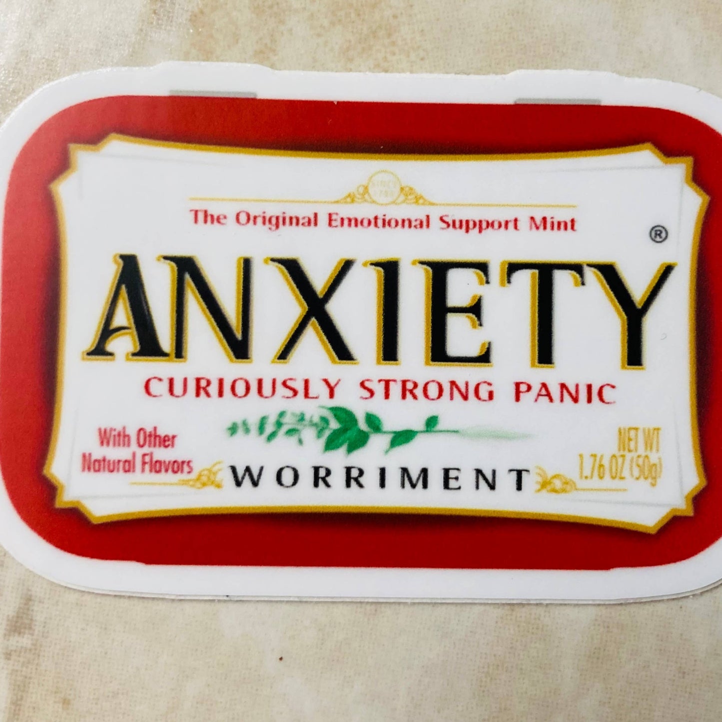 Anxiety Mint Parody Vinyl Sticker, 3" x 2”