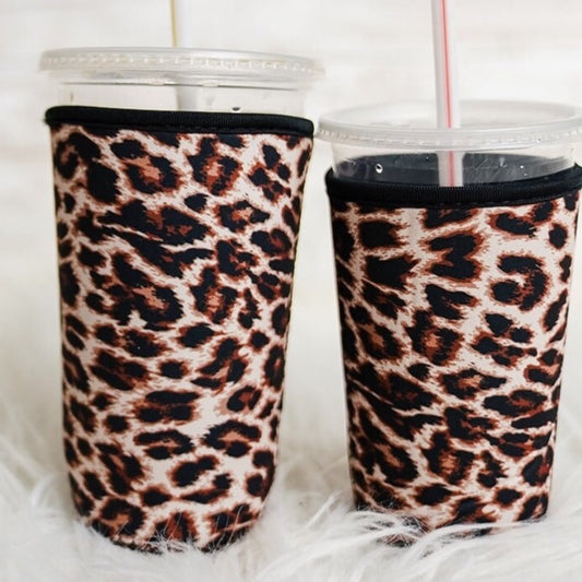 Iced Coffee cup coozie - Reusable, durable sleeve - Leopard Print