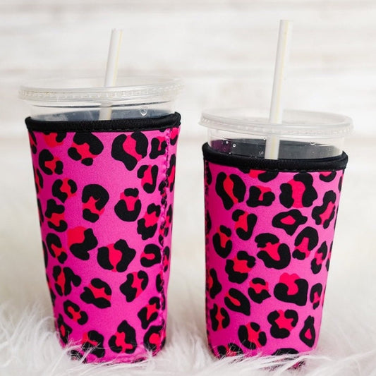 Iced Coffee cup coozie - Reusable, durable sleeve - Pink Leopard Print